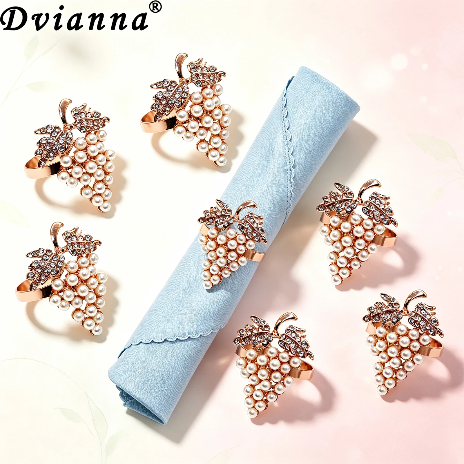 Dvianna 6Pcs Grape Napkin Rings Pearl Rhinestone Metal Napkin Holders Wedding Party Table Decorations
