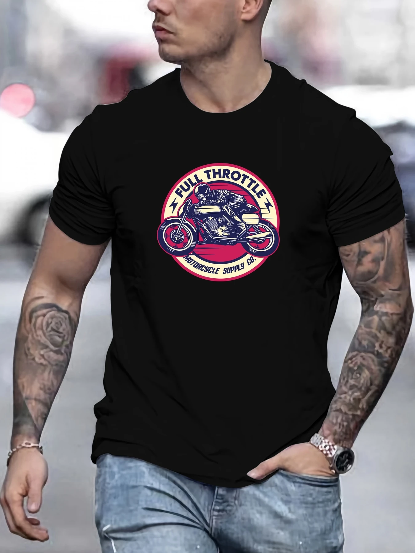 

Men's FULL THROTTLE Motorcycle Pattern Summer Casual Crew Neck Short T-Shirt