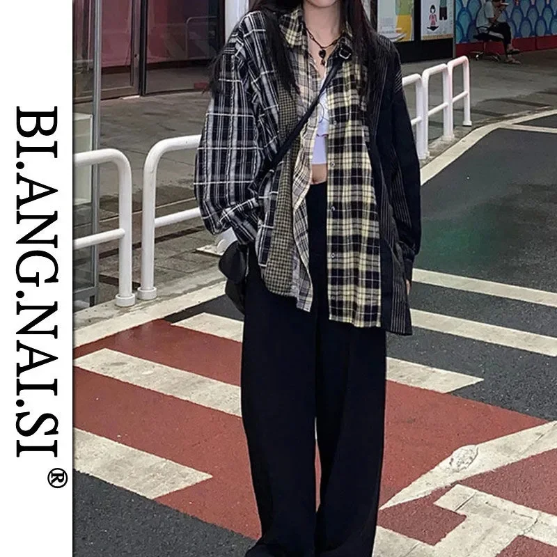 New American Vintage Patchwork Plaid Casual Shirt men Women Long Sleeve 2023 Spring Autumn Tide Brand Street Couple Shirt Coat