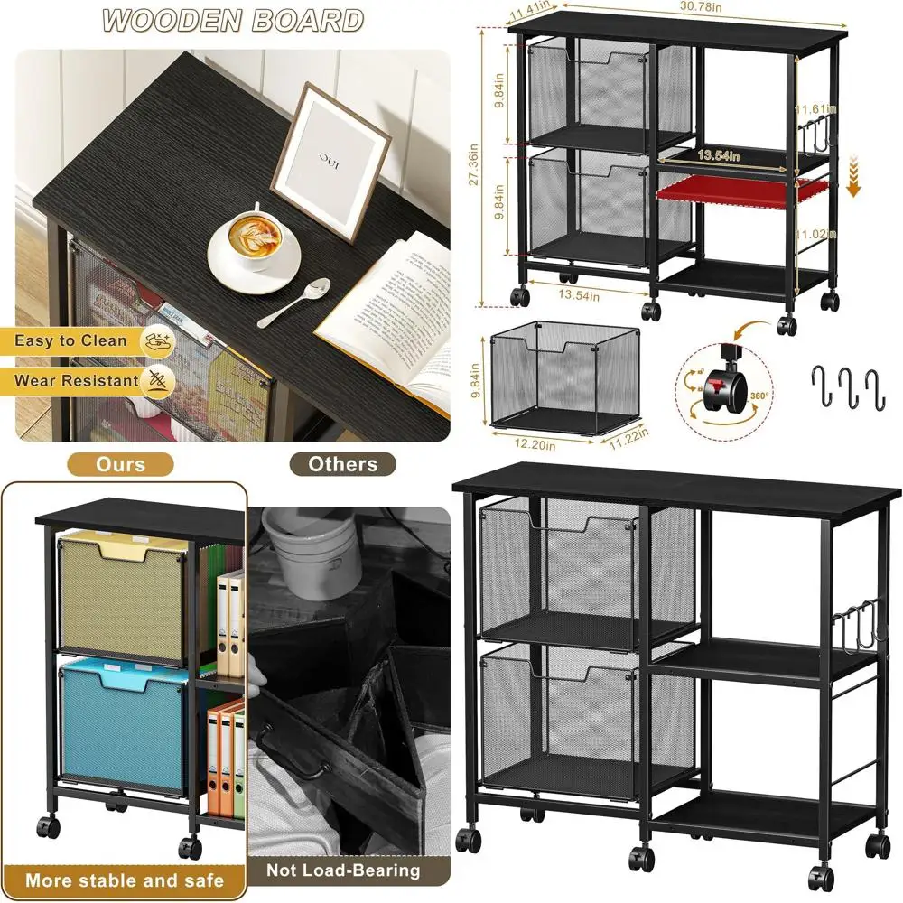 

Черный мобильный офисный шкаф для хранения с 2 ящиками, боковым отделением для документов и тележкой для принтера
