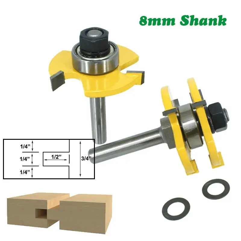 2Pcs 8mm Shank Tongue & Groove Joint Assemble Router Bits T-Slot Milling Cutter for Wood Woodwork Cutting Tools