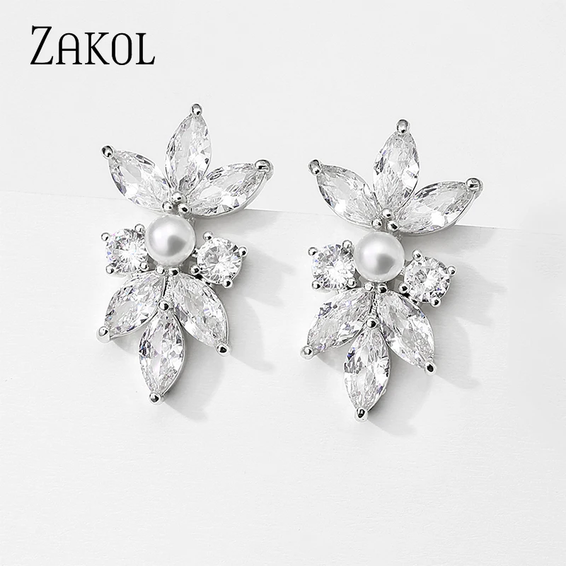 ZAKOL Fashion Simple Copper Alloy AAA Cubic Zirconia Stud Earrings for Women Cute Pearl Leaf CZ Wedding Earring Jewelry EP3156