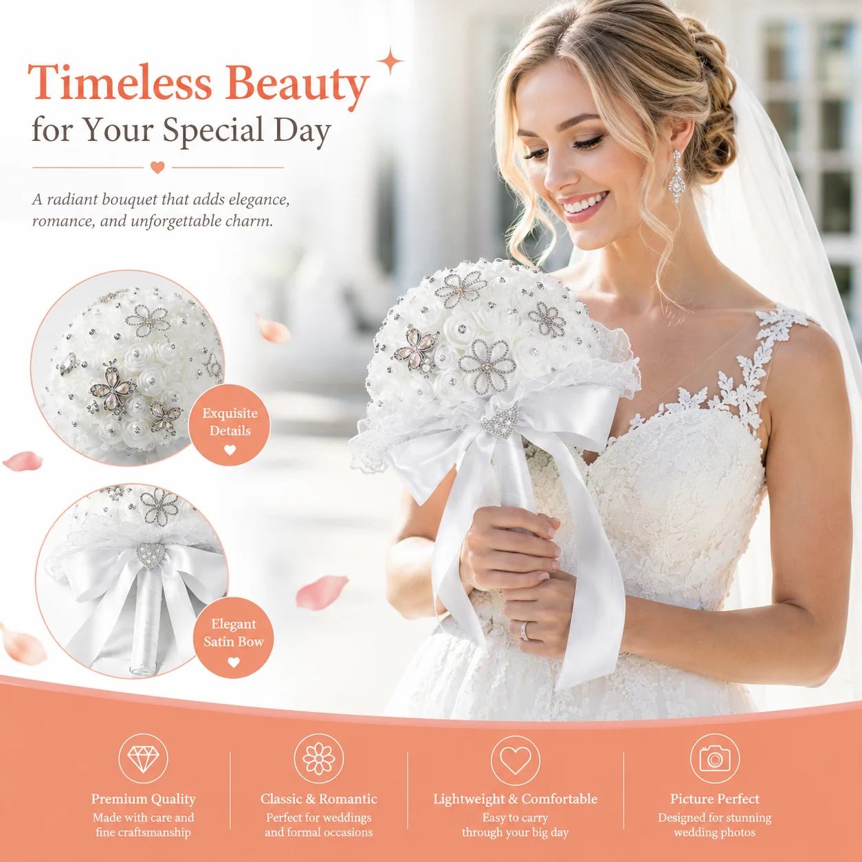 White Foam Rose Bridal Bouquet with Rhinestone Flower Ornaments, Lace Trim and Long Satin Streamer Handle image 4