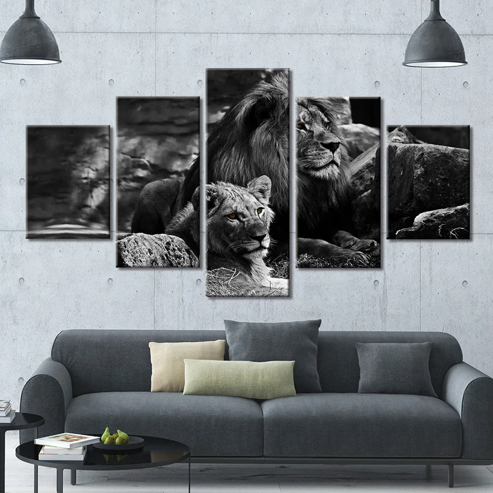 5 Pieces Wall Art Canvas Animal Poster Black Background Lion Painting Living Room Picture Print Bedroom Mural Home Decoration