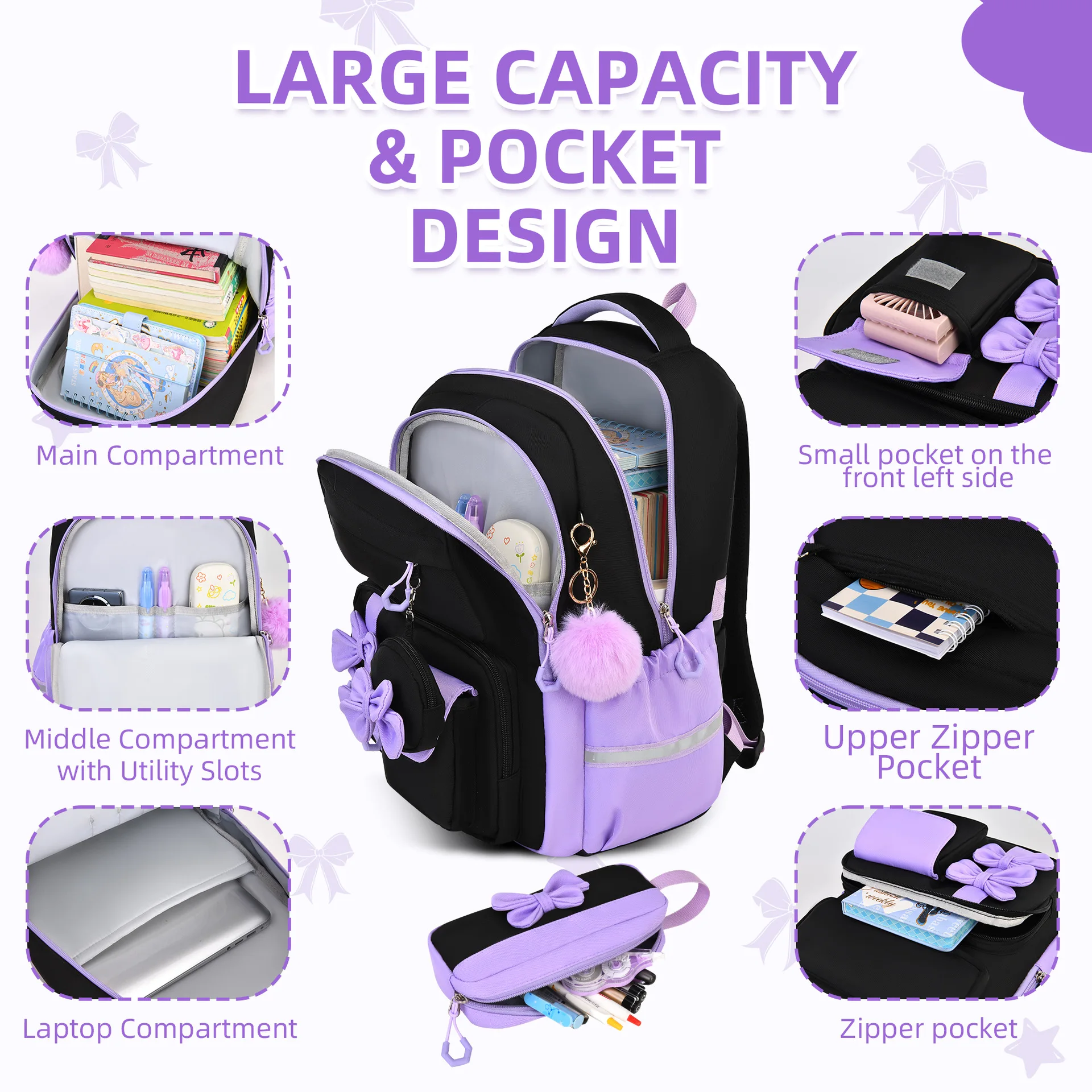 Cute Butterfly Knot Three-Piece Set Primary School Girl's Backpack Large Capacity Lightweight Spine Protection Shoulder Bag