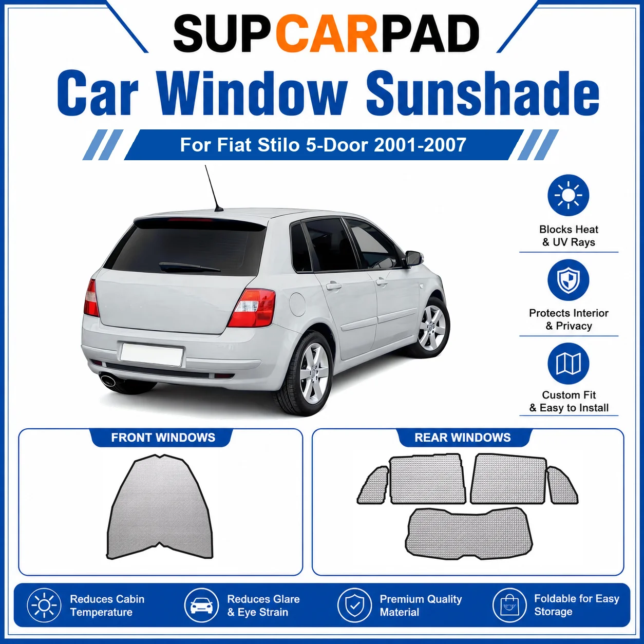 For Fiat - Fiat Stilo 5-Door 2001-2007 Full Set Car Window Sunshades UV Block Privacy Heat Insulated Foldable Car Curtain