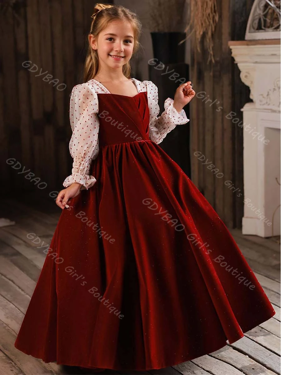 

Velvet Flower Girl Dress for Wedding Party Kids Square Neck Floor-Length Princess Long Sleeves Princess Pageant Dress Custom