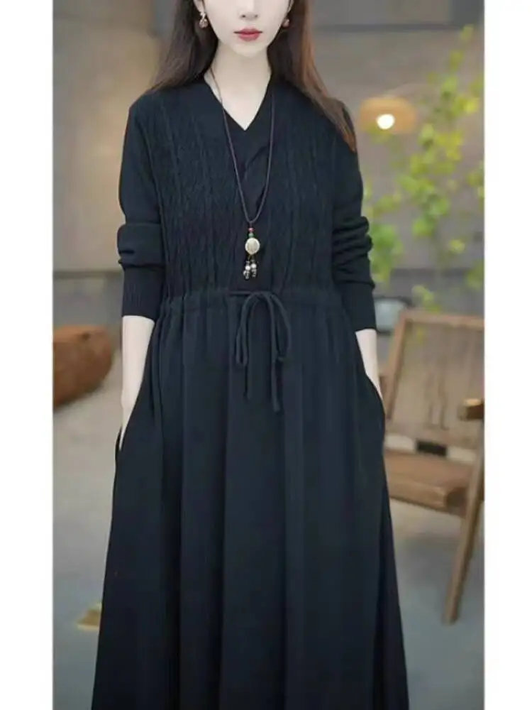 New Knitted Jacquard Coat Dress for Women in Autumn Winter Noble Cover Belly Meat Western Style Loose Woolen Dress Outer Wear