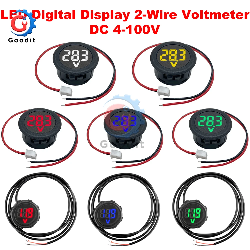 Voltímetro Circular de 2 cables con pantalla Digital LED, medidor de voltaje impermeable, no impermeable, protección de conexión inversa, cc 4V-100V