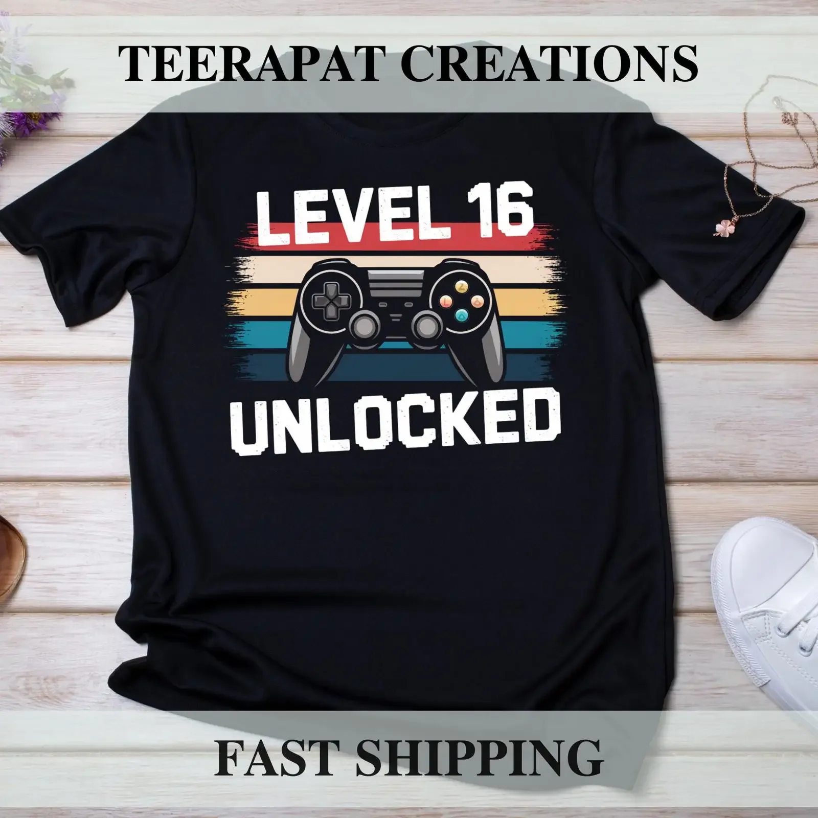 Vintage Level 16 Unlocked Gamer T Shirt 16th Birthday For Boys Retro Video Game Controller vintage Washed Stylish homme