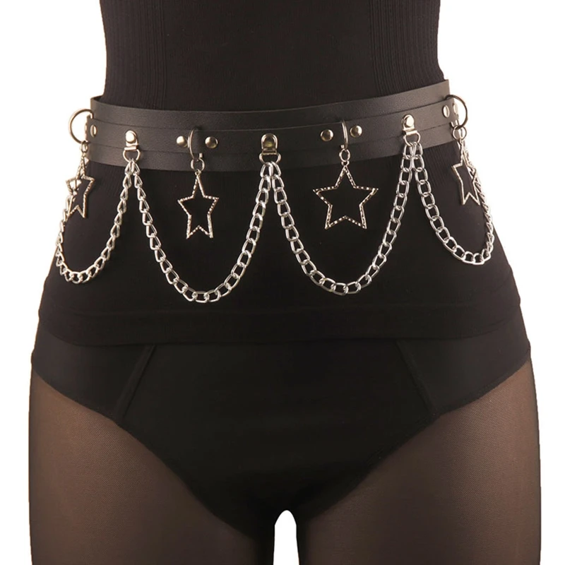 

Punk Waist Belly Belt for Women Alloy & PU Leather Waist Belt with Star Decor P8DB