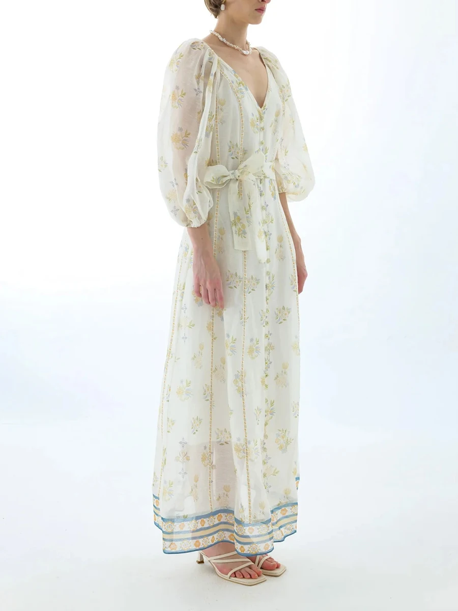 فساتين طويلة شبكية شفافة عتيقة من VGH للنساء بياقة على شكل V وأكمام ثلاثة أرباع وخصر عالي وفضفاض ومطبوع بأربطة فستان نسائي #2