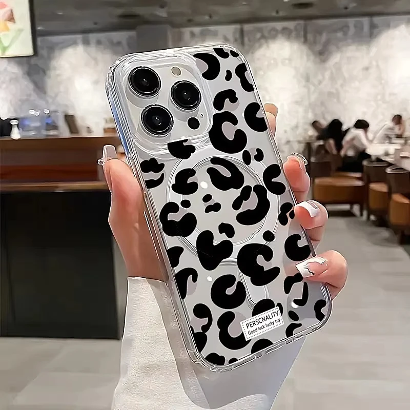 Etui z nadrukiem leoparda, przezroczyste, z obsługą ładowania bezprzewodowego MagSafe, do Samsung Galaxy S25 S24 S23 S22 Ultra Plus S21 FE, luksusowe, przezroczyste.