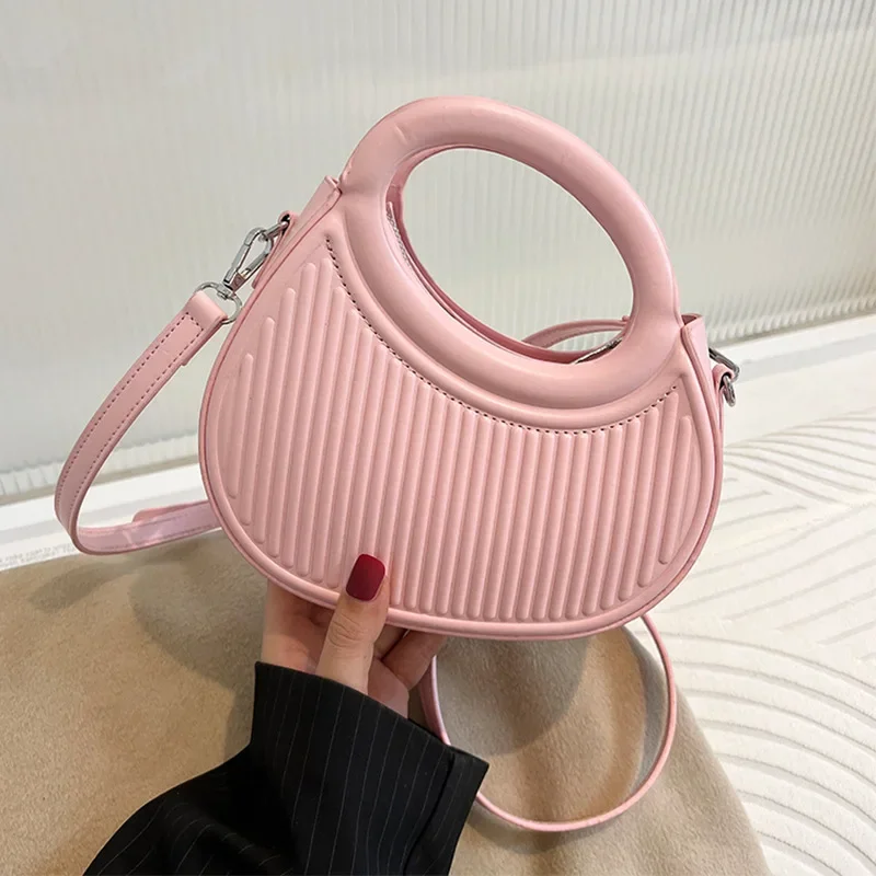 Half Moon Small Shoulder Bag For Women 2024Spring New Green Purple Handbags Pleated Design PU Leather Crossbody Round Hand Bag