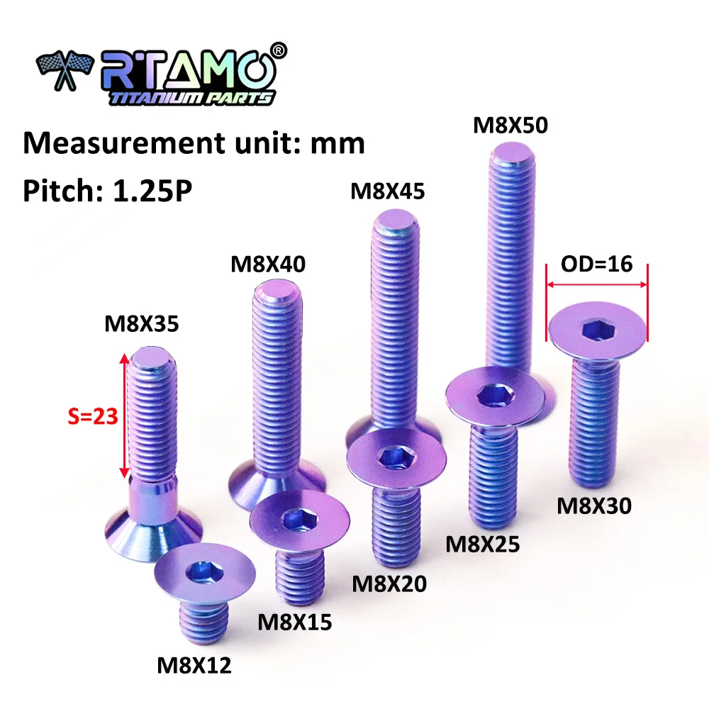 RTAMO Titanium Alloy Bolt M8x10/12/15/20/25/30/35/40/45/50/60/70 1.25Pitch Hex Countersunk Screw for Motorcycle Bike Refit(1pc)