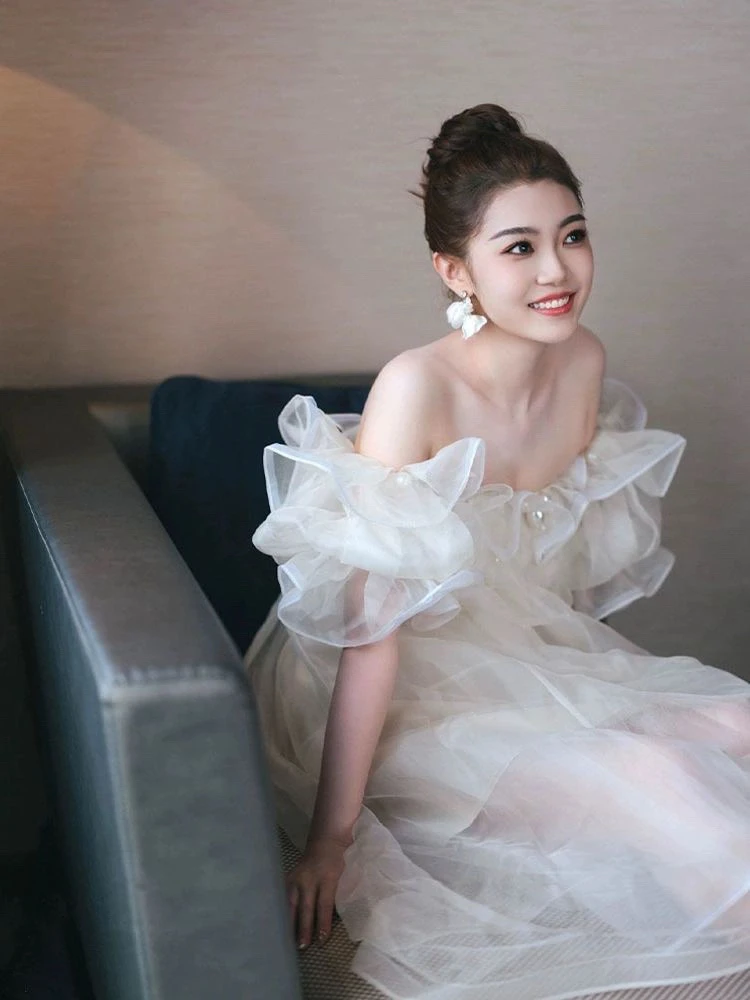 

plus Size White Wedding Dr for Bridesmaid Photo oot Korean Sle Zipper Design A-Line Skirt Cotton Material One-oulder