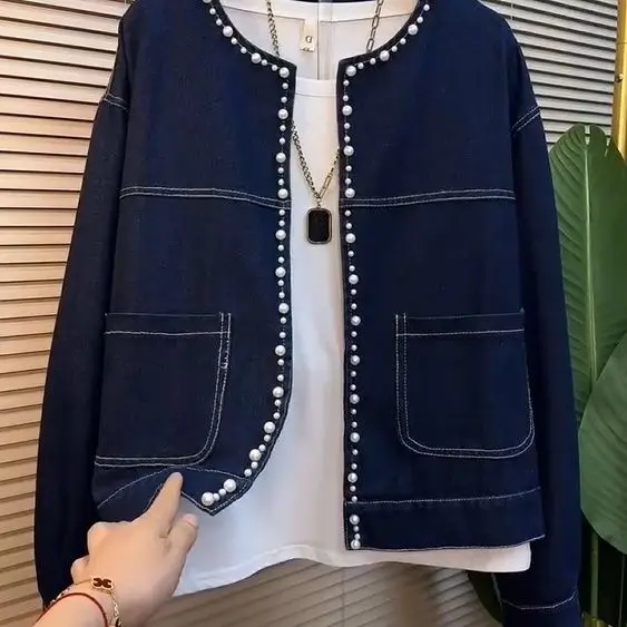 Spring Autumn New Round Neck Pearl Denim Jacket Outwear Women's Single-Breasted Top Line Loose All-Match Jeans Short Jacket Tops