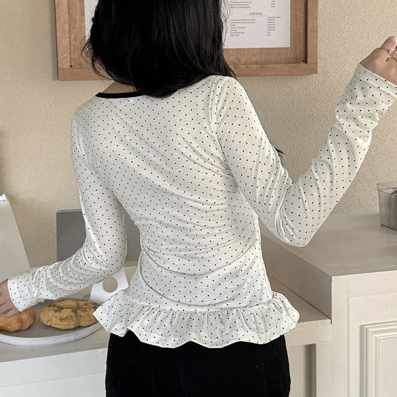 spring t shirt women clothes French polka dot print bow strap long sleeve slim ruffles hem elegant streetwear