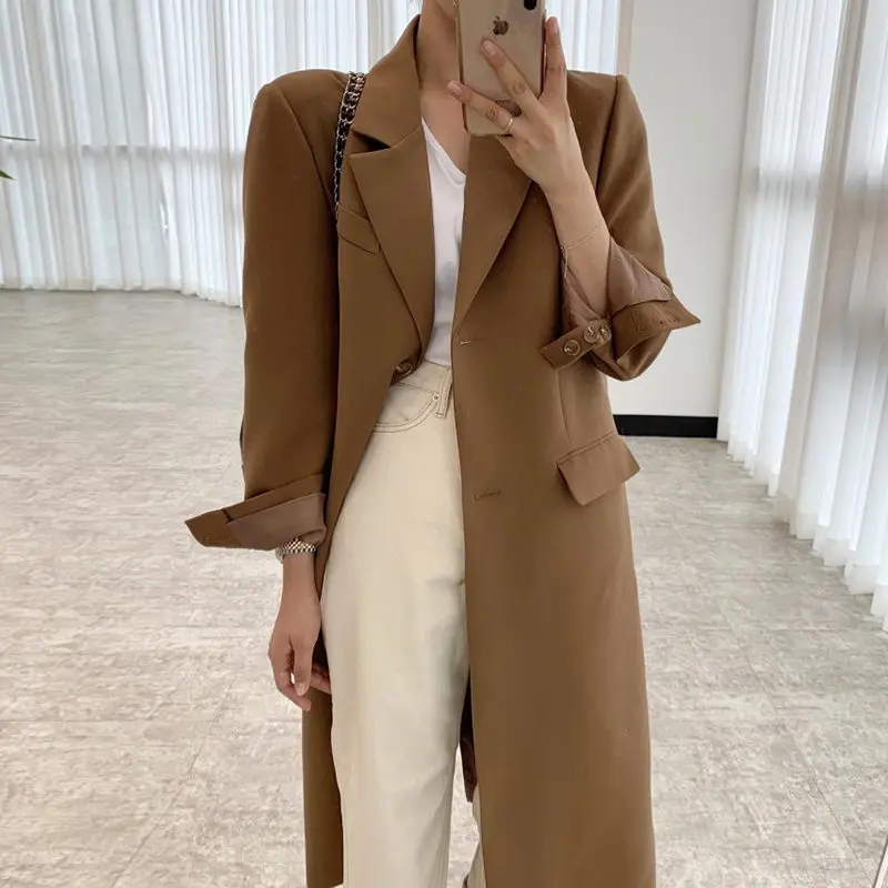 2023 Korean Autumn Suit Coat Temperament Lapel Design Two Button Loose Cardigan Full Sleeve Long Blazer Women Windbreaker C041