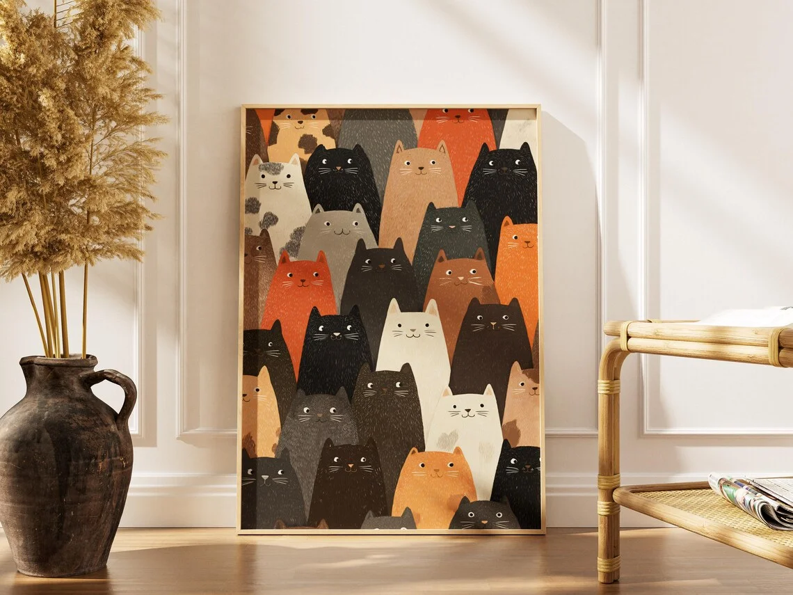 Impression décorative murale charmante avec motif de chat multicolore – Design félin aux tons neutres pour ajouter de la chaleur au salon ou à la chambre