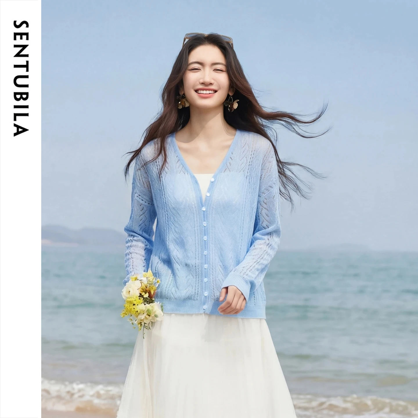 SENTUBILA Women Hollow Knit Cardigan 2026 Spring Summer New V-Neck Loose Lightweight Sheer Cover-Up Casual Beachwear W61EB5799