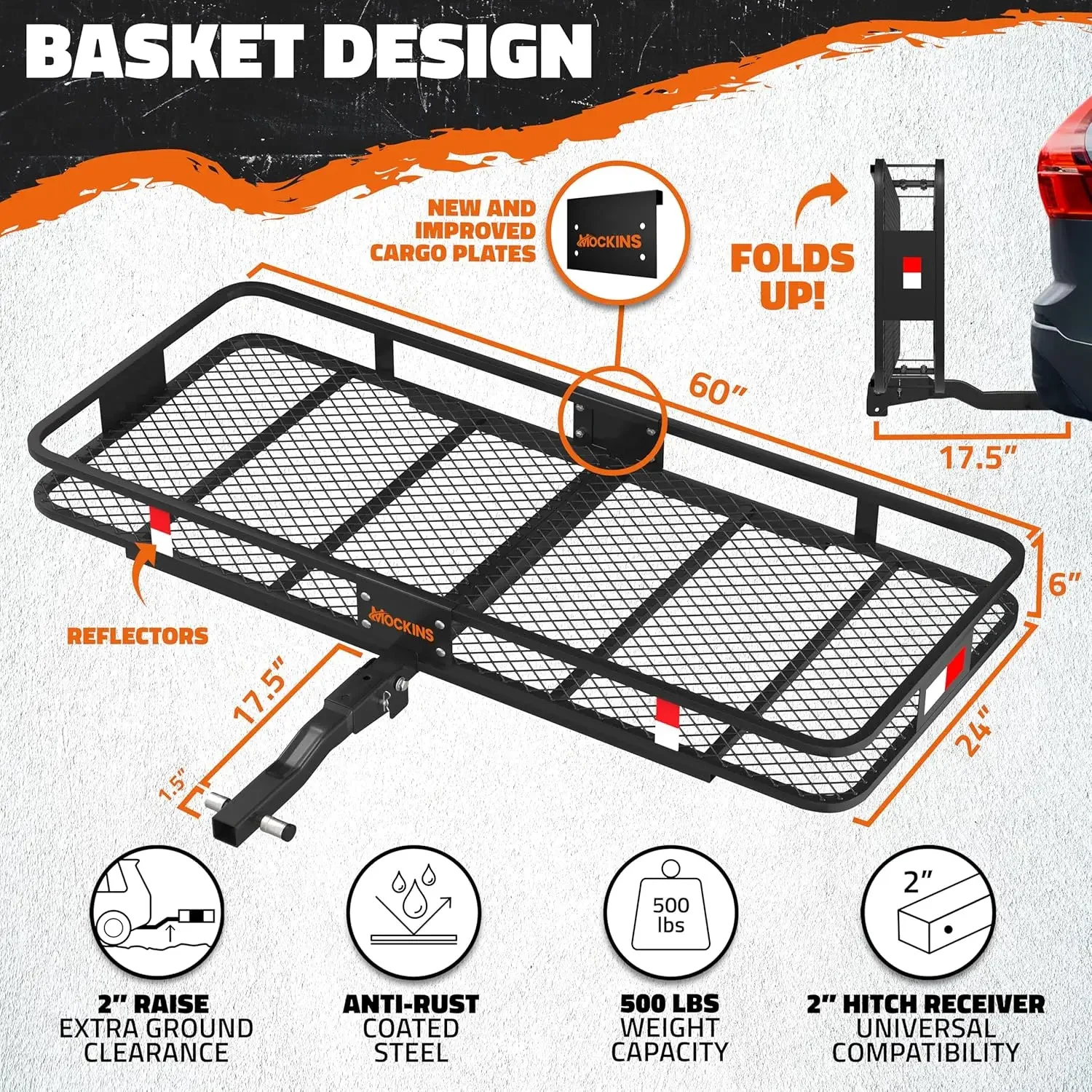 60"x24"x6" Folding Trailer Hitch Cargo Carrier w/ 25 CuFt. Cargo Hitch Carrier Bag | 500 Lbs. Cap Weatherproof Steel Lug