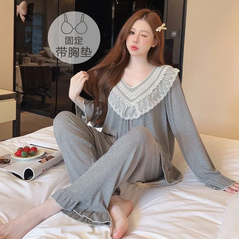 

M-5XL Women Large Size Modal Pajamas with Chest Pads Spring and Autumn Sweet Court Style Long Sleeves Trousers Loose Loungewear
