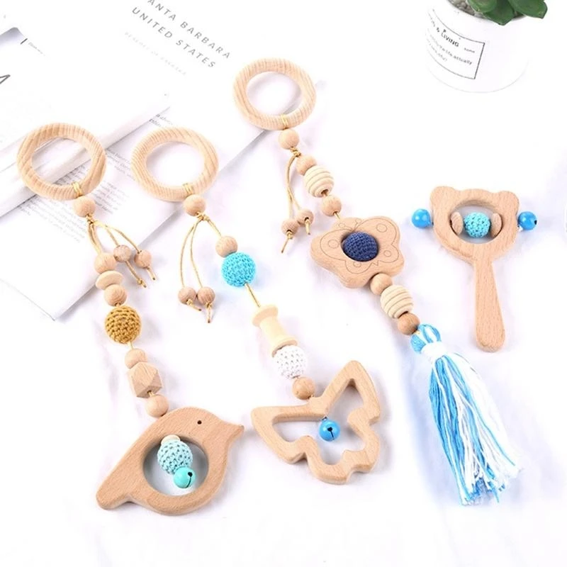 

J15U 4 Pcs/Set Baby Gym Frame Pendant Wooden Teether Molar Teething Nursing Rattle Gifts for Infant Room Decor