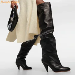 Pleated Spike Heels Boots Genuine Leather Over The Knee Pointy Toe Boots Women Sexy Style Slip On Winter Designer Shoes Party