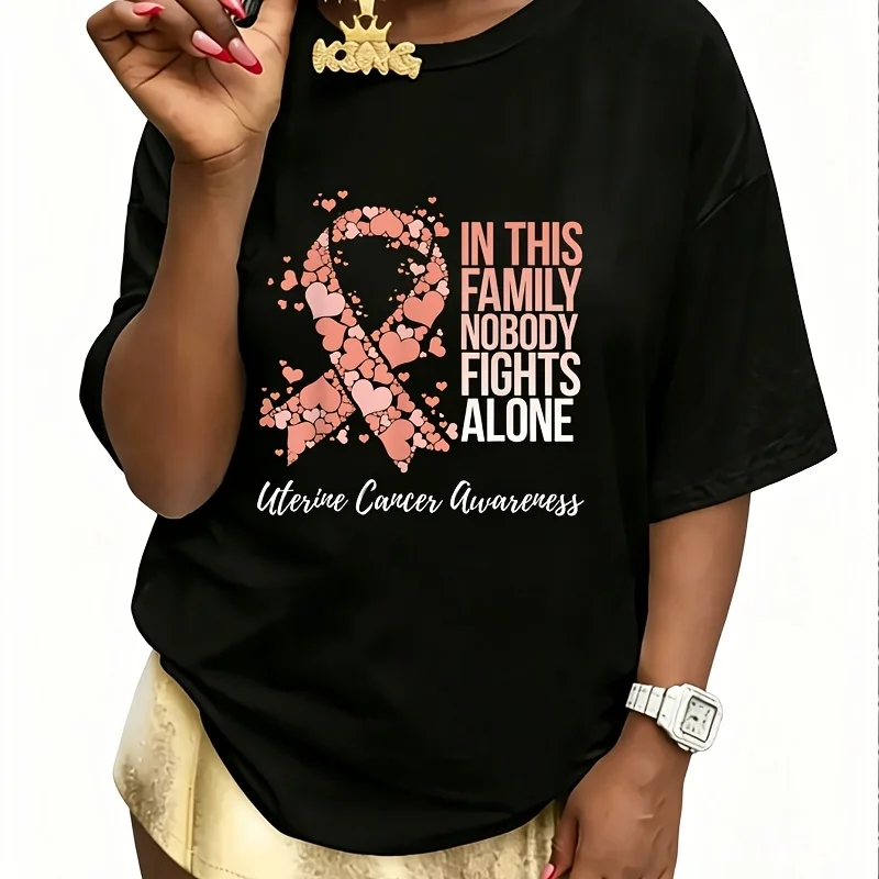 Family Support Uterine Cancer Awareness Women's 100% Cotton T-Shirt Fun Print Short Sleeve Top Casual Round Neck Tee S-5Xl