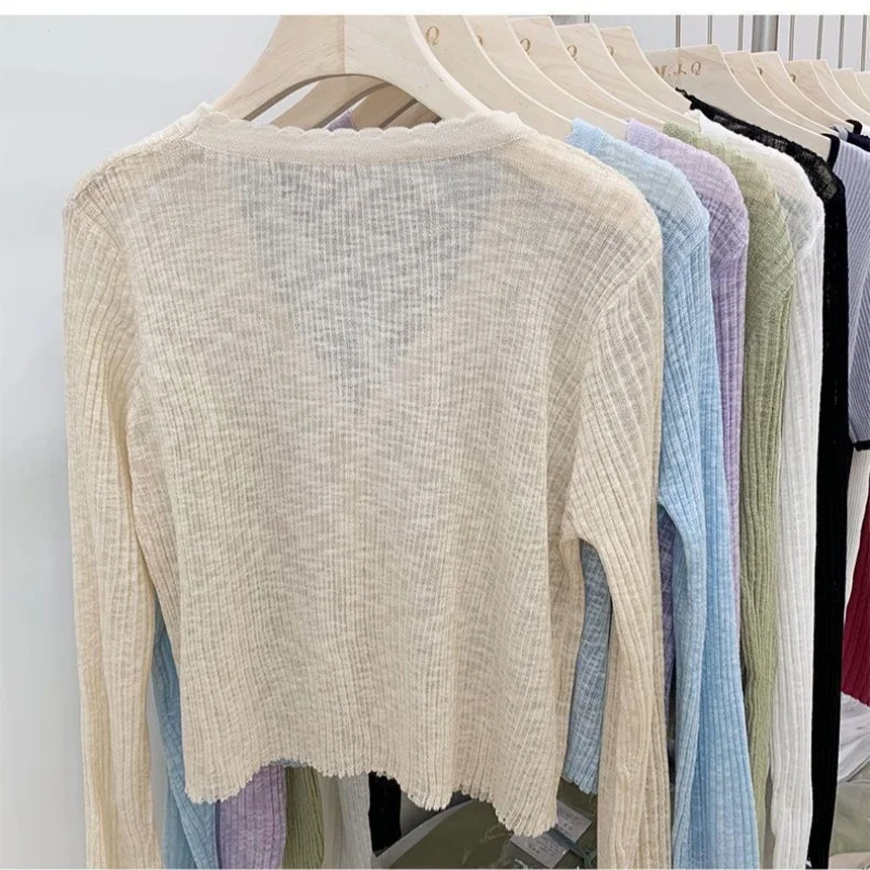 Summer Cardigan Women's Knit V-Neck Button up Solid Color See through Crop Top Korean Style Thin Loose Light Weight Cute Beachwe