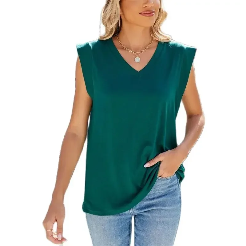 2024 Summer Ultra Short Fly Sleeve T-Shirt Women Solid Color Tops Female Loose V Neck Pullover Tees New Comfortable Casual Vest