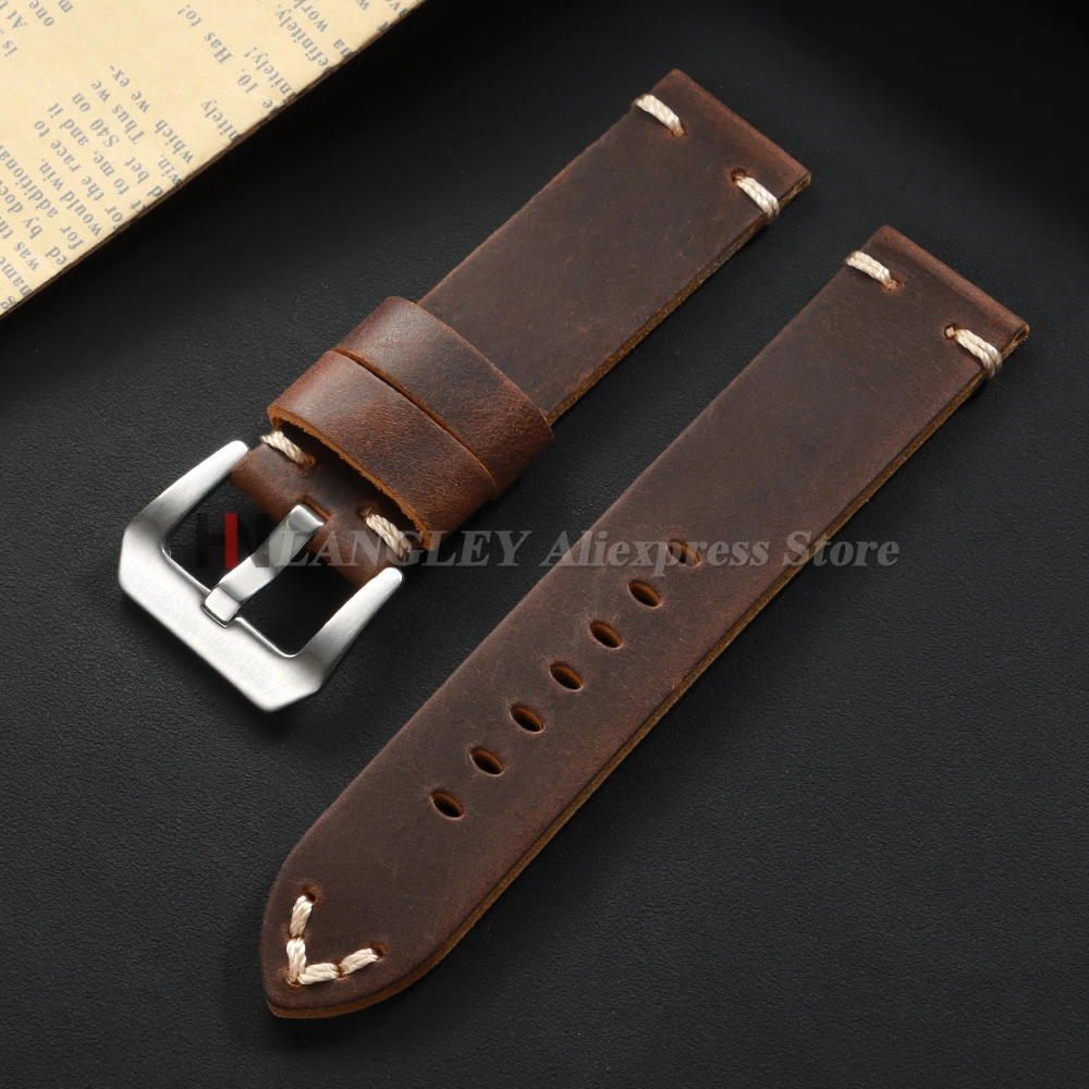 Handgefertigtes Rindslederarmband mit Nähten, 18/20/22/24/26 mm, für Panerai für Omega Vintage Crazy Horse Echtleder-Herrenarmband