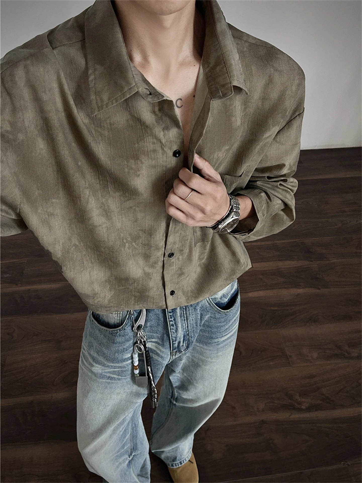 Loose Long Sleeve Men's Shirt Dyed in Smoke Grey Spring Autumn Style Casual Comfortable American Brand Fashion Outerwear