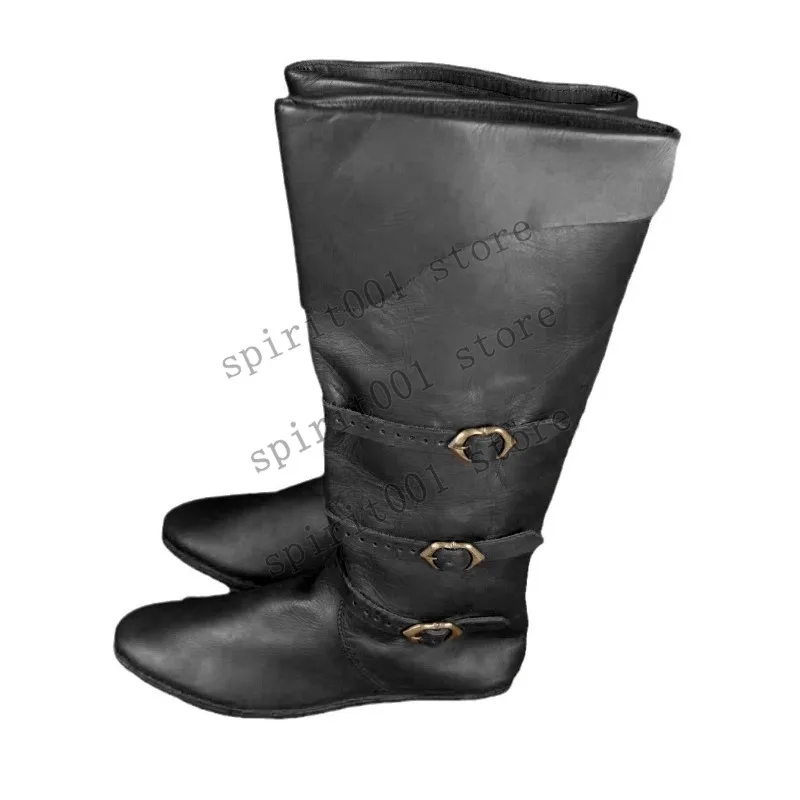 Medieval European Flat Buckle Boots American Adult Men And Women Renaissance Fashionable Metal Decoration Casual Style Boot - view 5