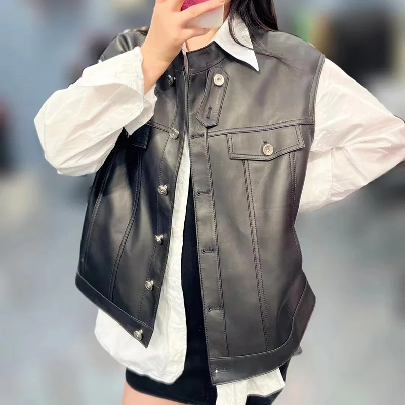 Leather Vest Spring Women Single-Breasted Stand-Up Collar Locomotive Sleeveless Chaqueta Mujer Vintage Loose Sheepskin Top Gilet