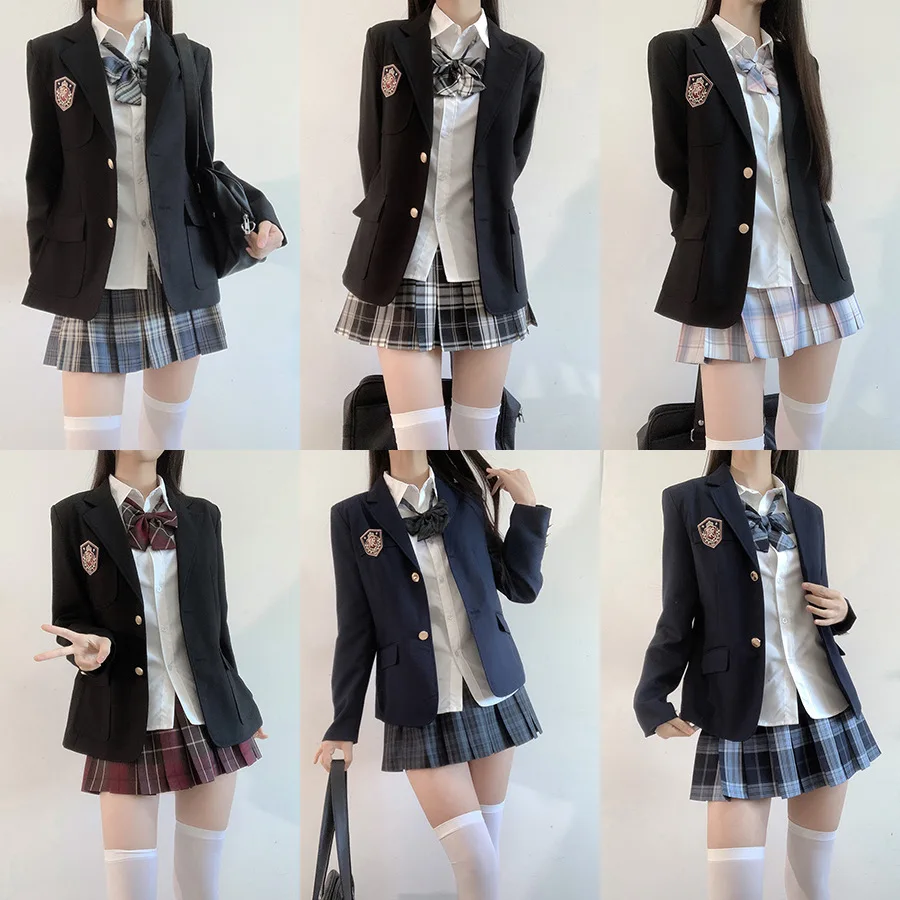Japanese College Style JK Uniform Suit, Black Navy Blue Brown Blazer with Original Plaid Skirt,Preppy School Outfit for Students