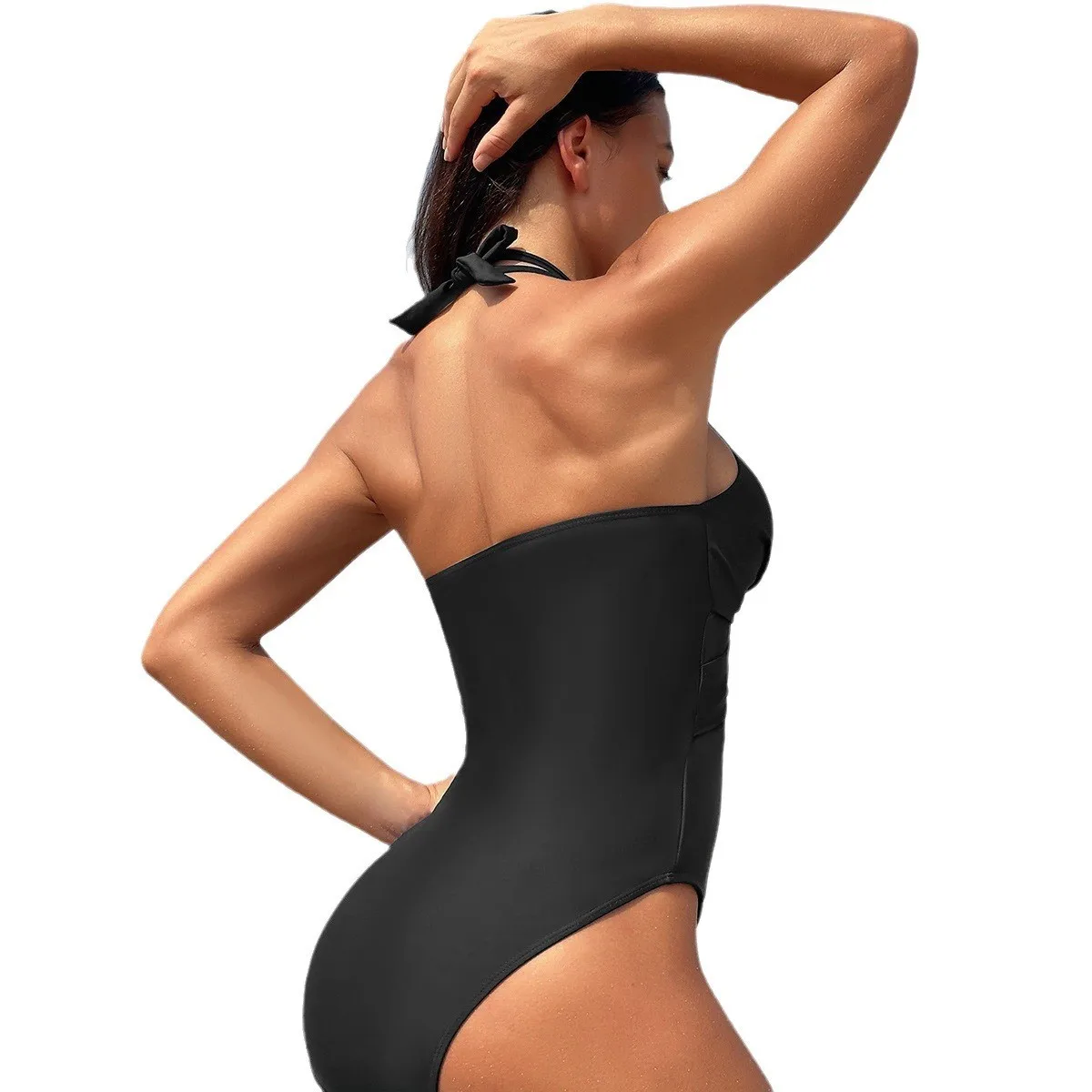 Black Halter Neck Bikini Cross Front Sheer Mesh Panel Bikinis High Waist Burgundy Strap Detail Swimsuit Olive Green V Neck view 5