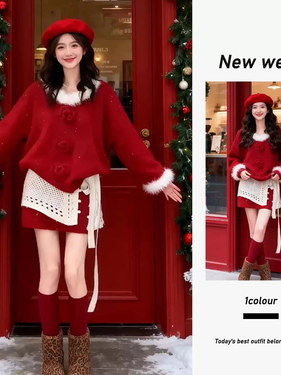 

Christmas Atmosphere Red Fluffy Sweater And High Waist Short Skirt Two Piece Set Korean Style Slimming Design Fashionable Ens...