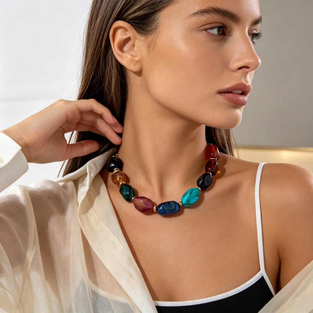 Klobige Unregelmäßige Acryl-Perlenkette für Damen und Herren, Bunte Imitations-Natursteinperlen-Halskette, Vintage-Punk-Schmuck – Detail 12