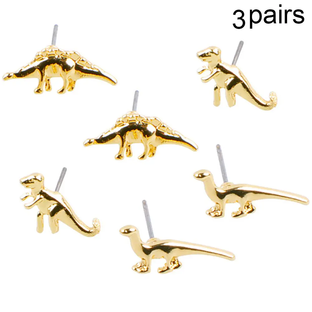 3Pairs Small Dinosaur Earrings Animal Stud Set Alloy Golden Ear Jewelry Decor Gift for Ladies Birthday Anniversary Presents