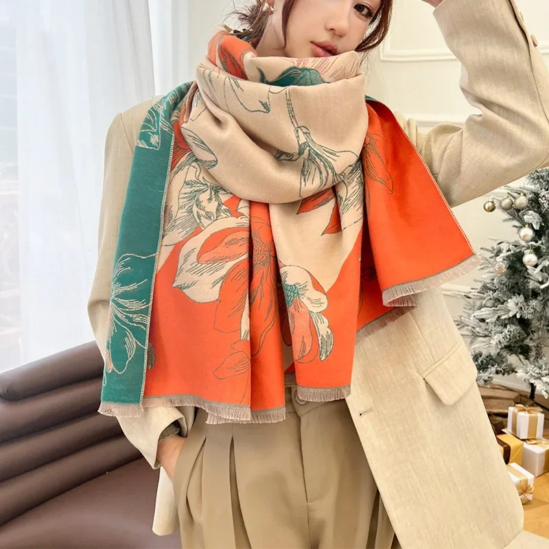 Luxury Cashmere Floarl Scarf Winter Women Pashmina Shawls Warm Blanket Wraps Female Foulard Bandana Brand Thick Scarves Hijab