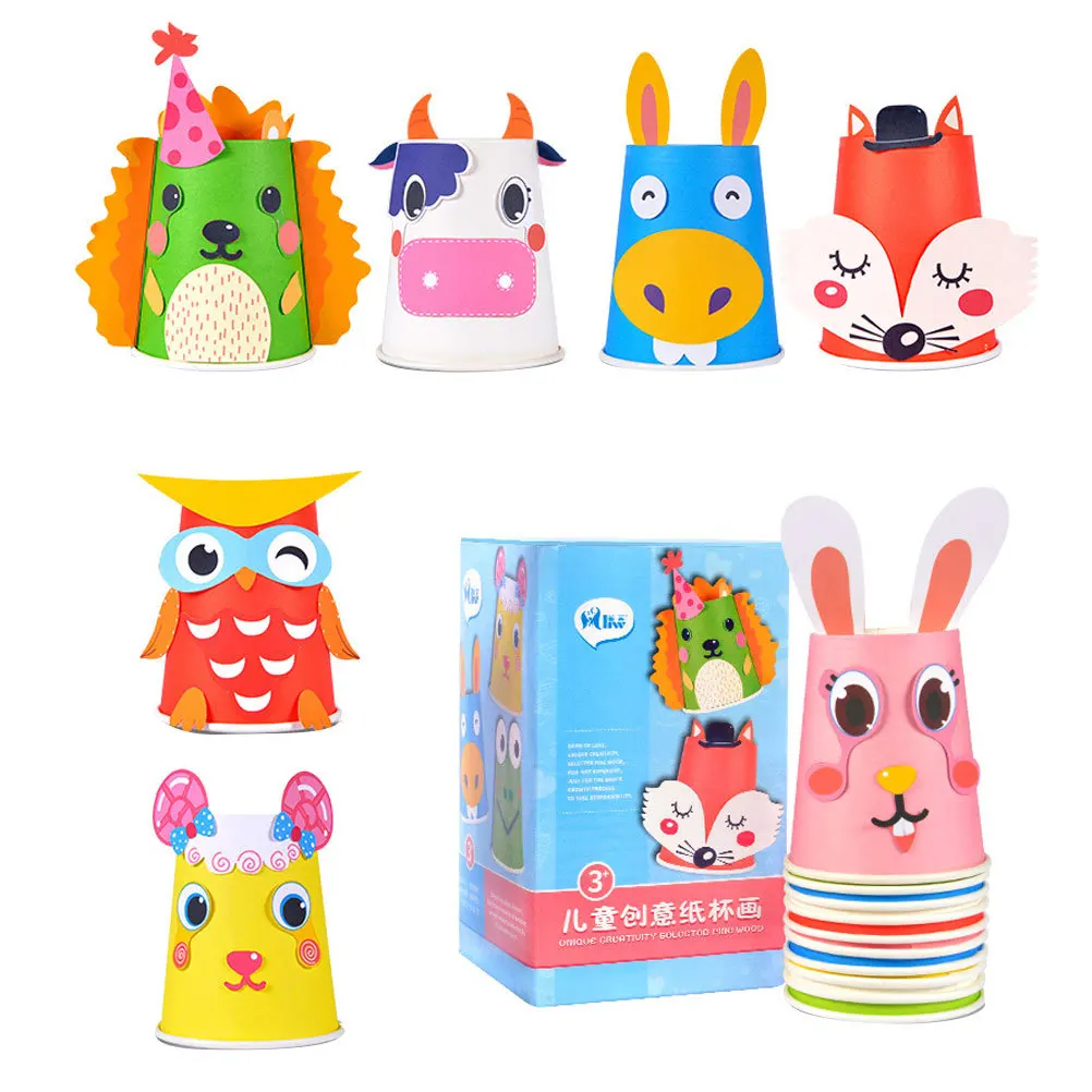 12 szt. Zestaw do tworzenia artystycznego z papierowych kubków, urocze naklejki z kreskówkami, zestaw do majsterkowania dla dzieci, dekoracje na przyjęcia, edukacyjna zabawa, bezpieczny.