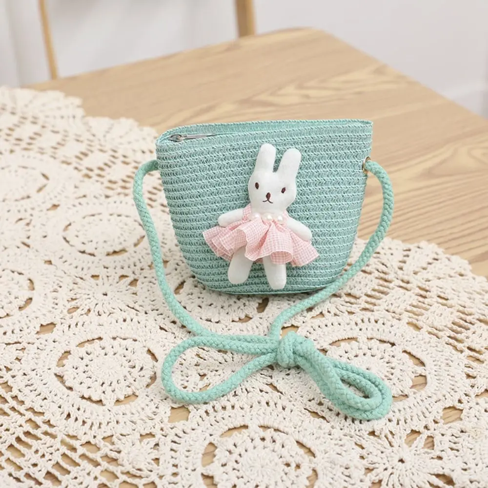 Summer Beach Cartoon Bunny Mini Straw Bag Handmade Woven Coin Purse Kid Messenger Bags Zipper Photo Props Crossbody Handbag