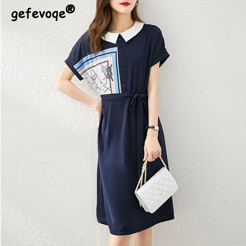 

Lace Up Casual Sweet Print Buttons Party Dresses for Women 2023 New Summer Fashion Short Sleeve Loose Beach Midi Dress Vestidos