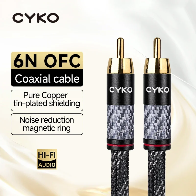 CYKO Hifi 6N OFC كابل صوت محوري RCA مطلي بالذهب ذكر إلى ذكر لمضخم الطاقة للتلفزيون الخلاط