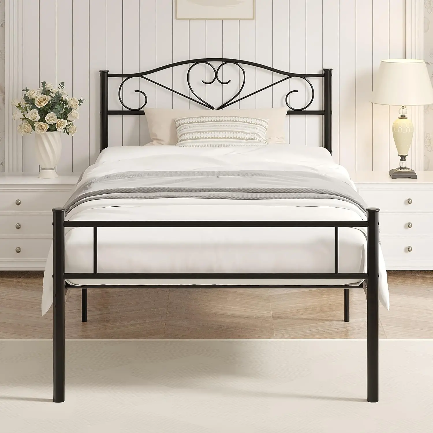 

14 H Twin Size Metal Platform Bed Frame With Headboard And Footboard, Heavy Duty Mattr Foundation With Steel Slats Support, No