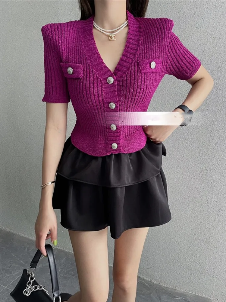 Summer Korean Knit Sweater Women Cardigans Crop Tops 2024 New Stylish Fashion Chic Ladies Knitwear Short Sleeve V-neck Jumpers