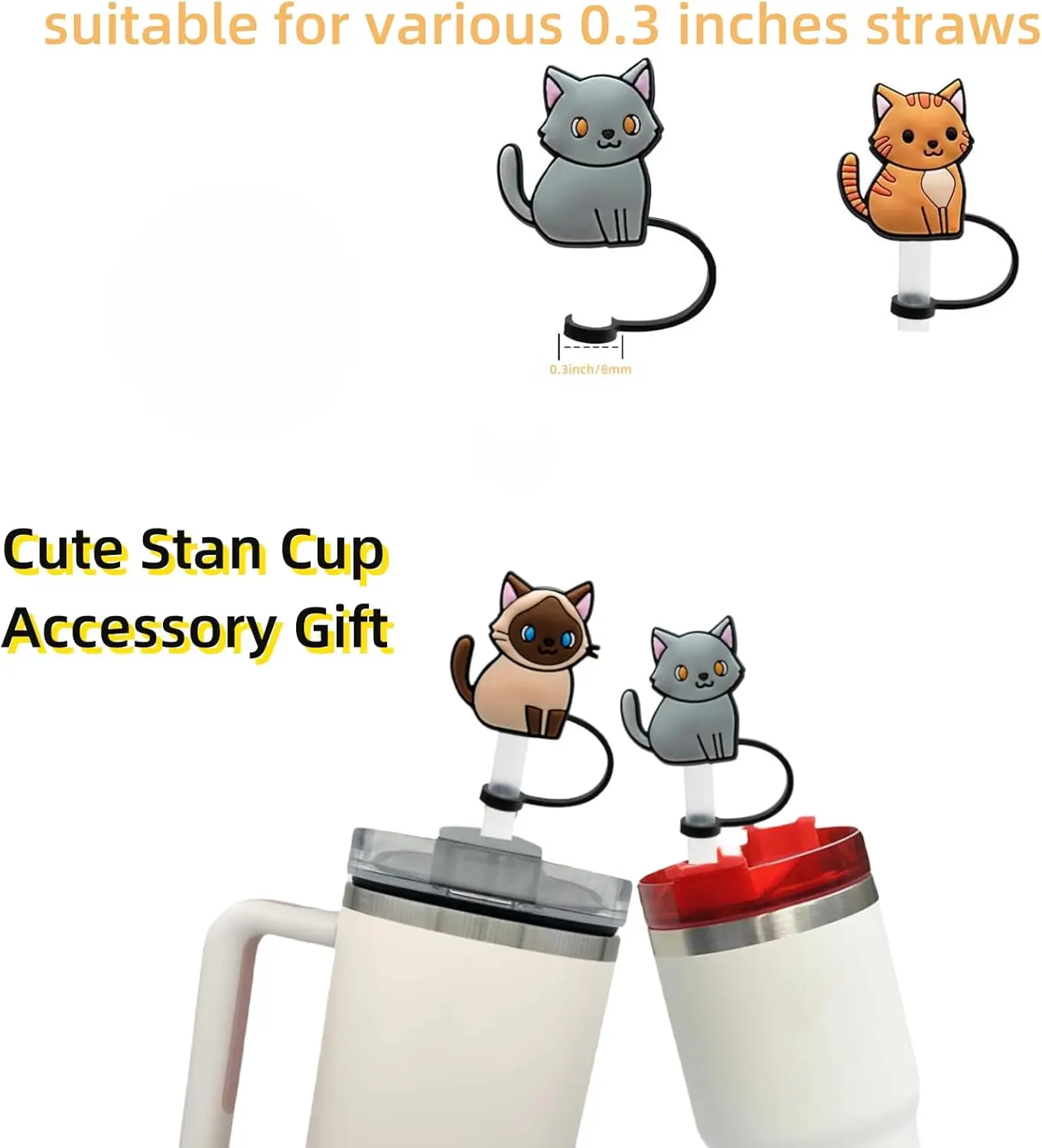 1PCS Straw Cover Cap Black White Cat ,8mm Silicone Straw Cap Accessories for Tumbler Cup,Creative Dustproof Straw Plug Charm