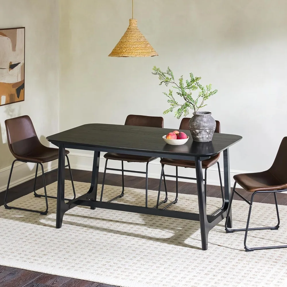 Mid-Century Modern Solid Wood Trestle Base Dining Table, 60 Inch, Black Ash Veneer